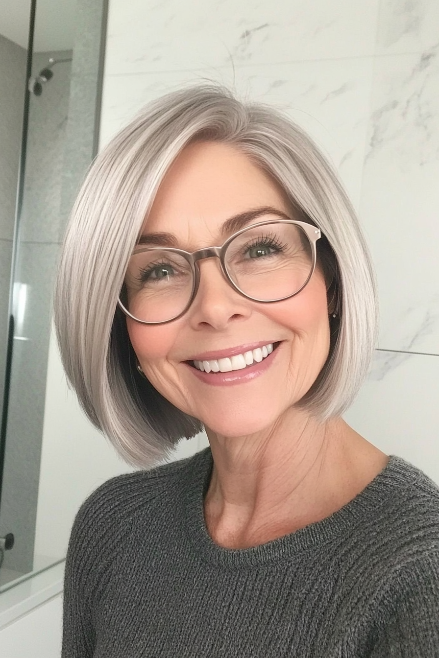 2. Chin-Length Bob in Natural Silver (Hairstyles For Women Over 60 With Glasses) - Hairstyles For Women Over 60 With Glasses