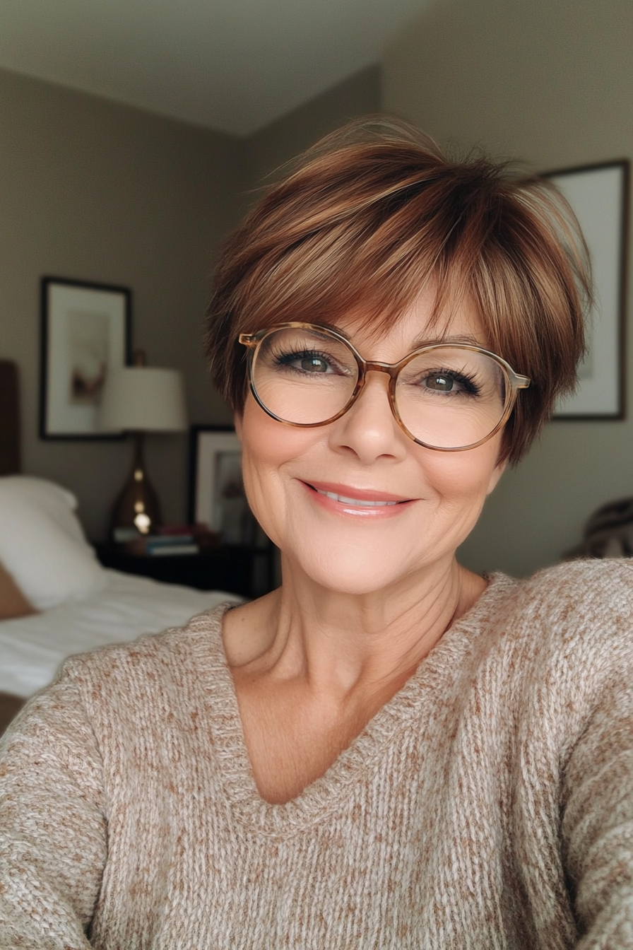 3. Pixie Cut with Chestnut Undertones (Hairstyles For Women Over 60 With Glasses) - Hairstyles For Women Over 60 With Glasses
