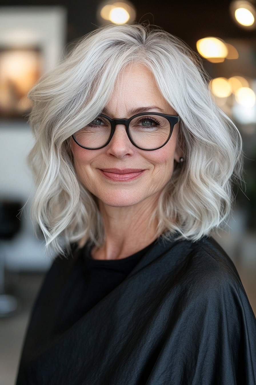 4. Salt-and-Pepper Tousled Waves (Hairstyles For Women Over 60 With Glasses) - Hairstyles For Women Over 60 With Glasses