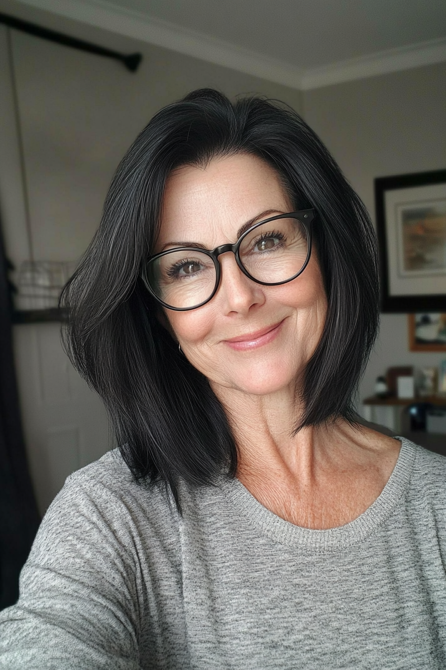 5. Shoulder-Length Layers in Deep Black (Hairstyles For Women Over 60 With Glasses) - Hairstyles For Women Over 60 With Glasses