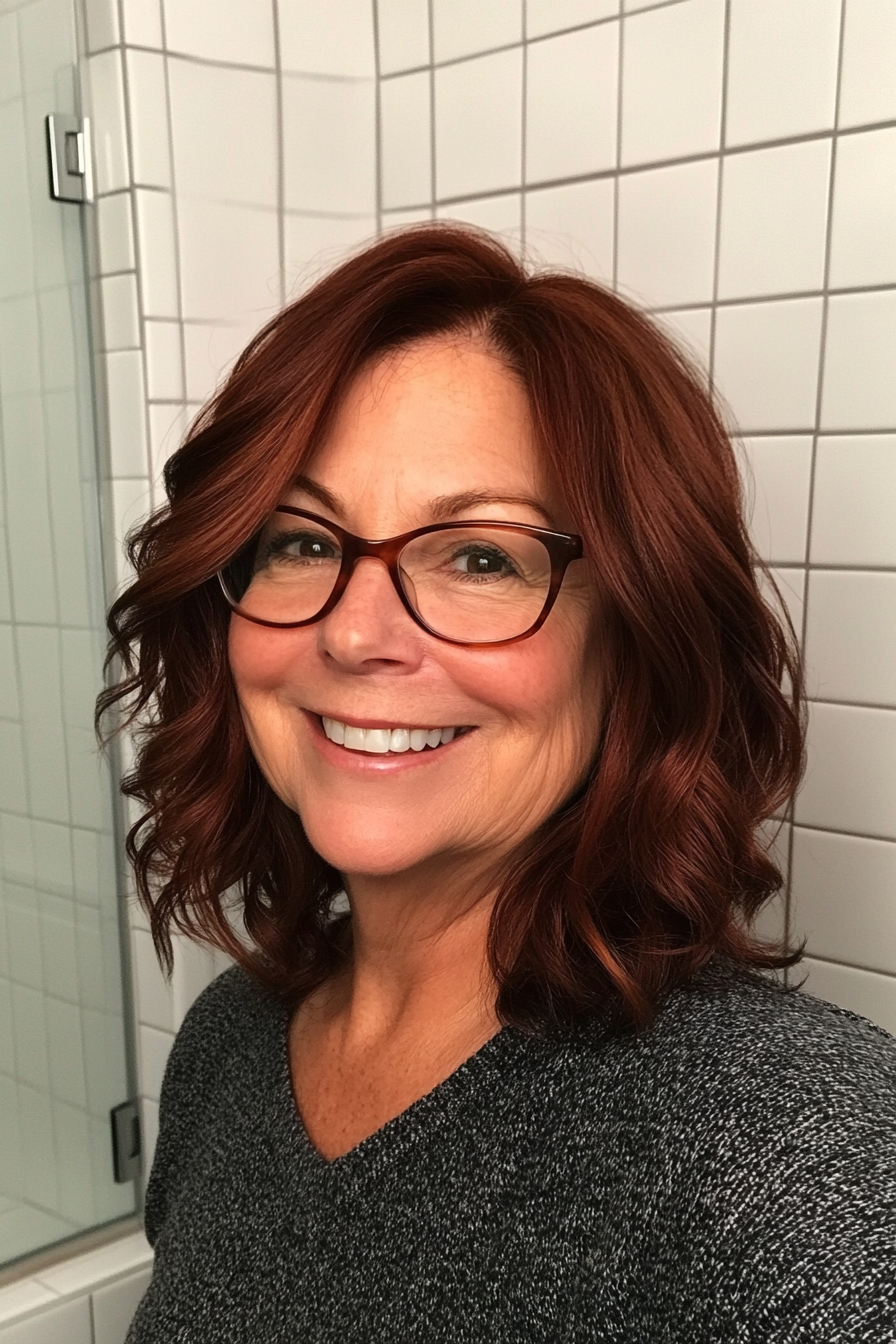 6. Wavy Lob in Dark Auburn (Hairstyles For Women Over 60 With Glasses) - Hairstyles For Women Over 60 With Glasses