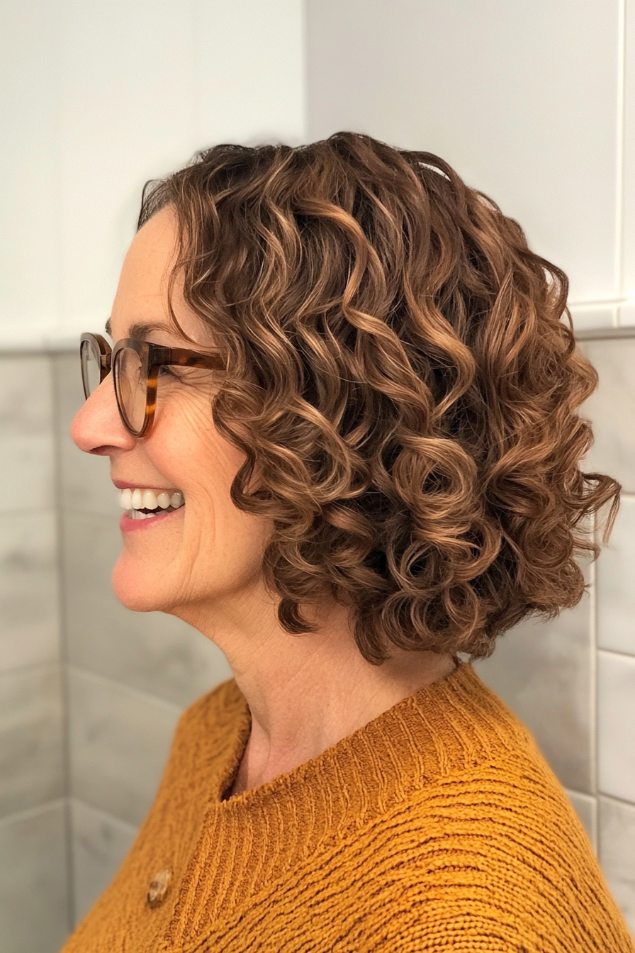 10. Curly Bob in Warm Caramel Brown (Hairstyles For Women Over 60 With Glasses) - Hairstyles For Women Over 60 With Glasses