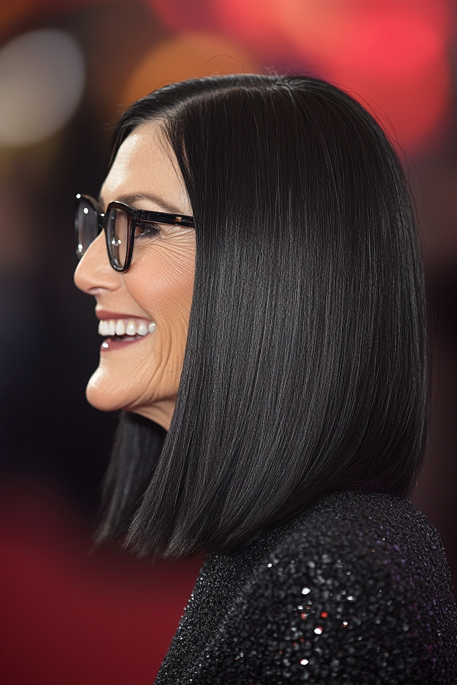 11. Medium-Length Straight Cut in Jet Black (Hairstyles For Women Over 60 With Glasses) - Hairstyles For Women Over 60 With Glasses