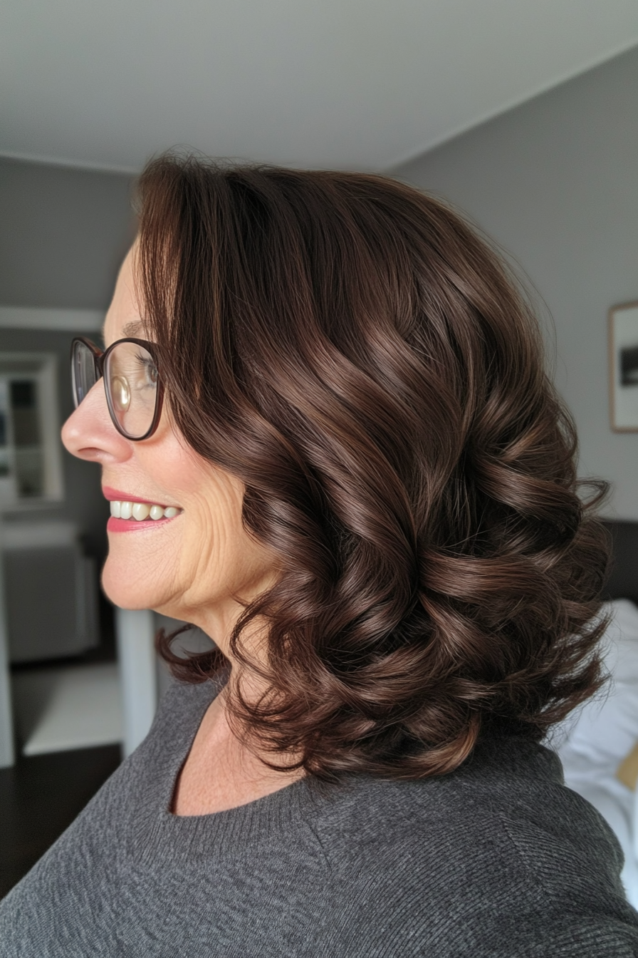 12. Subtle Curls in Dark Chocolate Brown (Hairstyles For Women Over 60 With Glasses) - Hairstyles For Women Over 60 With Glasses