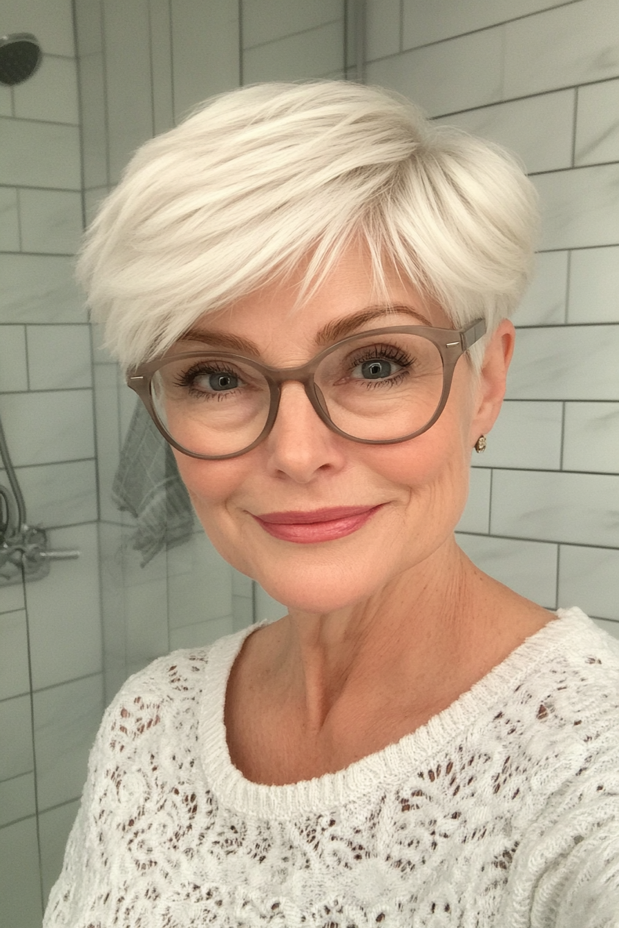 14. Layered Pixie in Natural White (Hairstyles For Women Over 60 With Glasses) - Hairstyles For Women Over 60 With Glasses