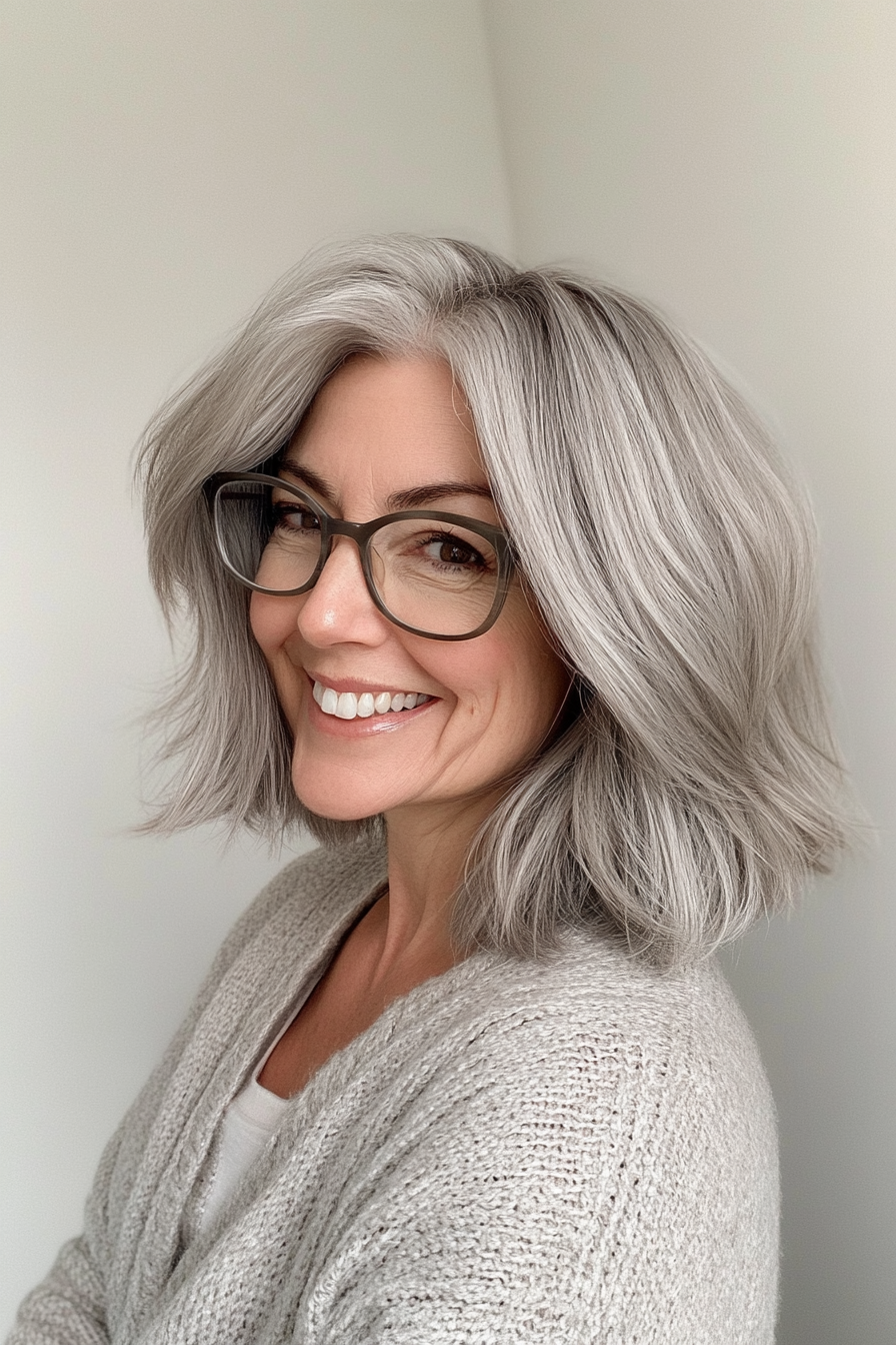 16. Shaggy Lob in Cool Gray (Hairstyles For Women Over 60 With Glasses) - Hairstyles For Women Over 60 With Glasses