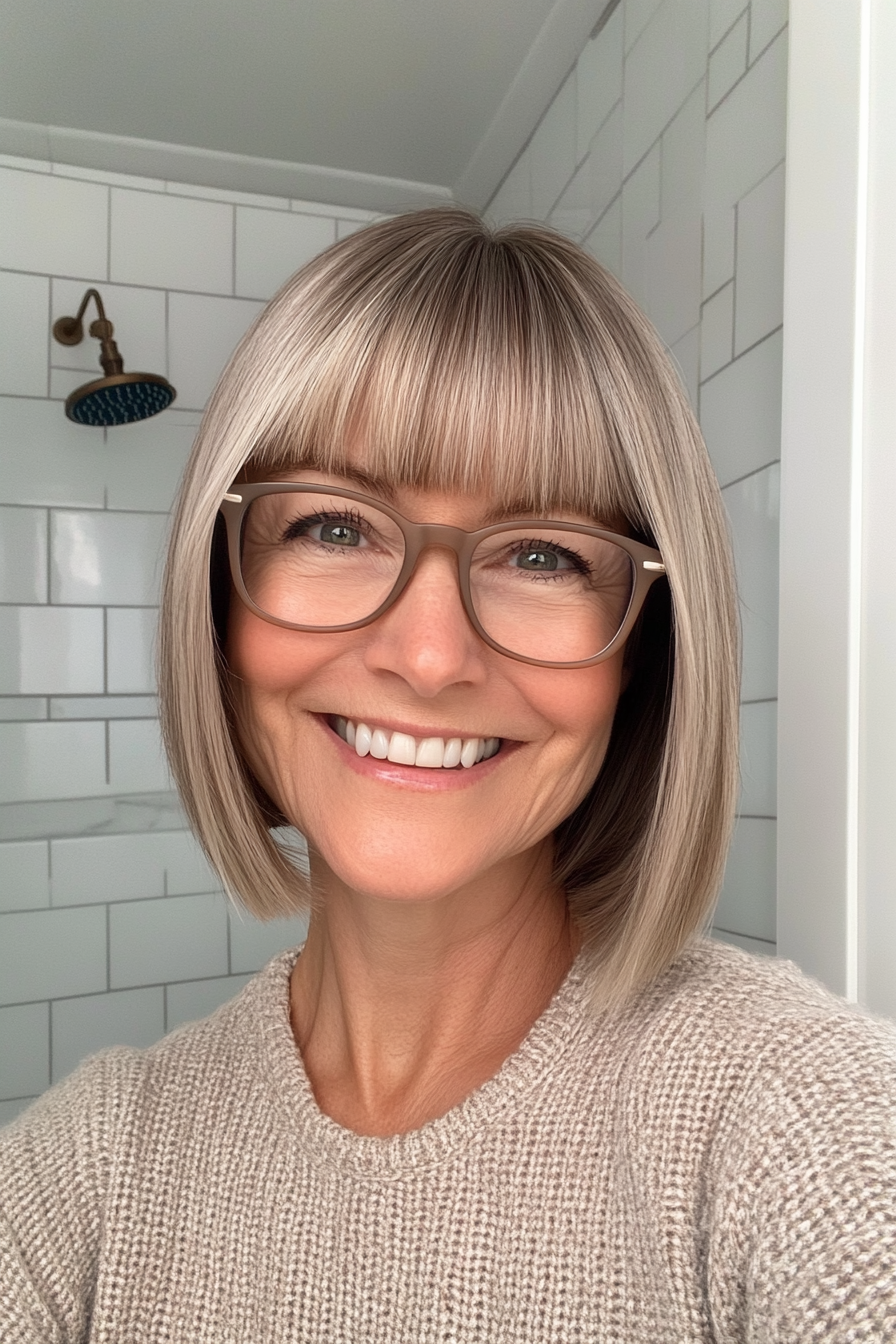17. Straight Bob with Bangs in Light Ash Brown (Hairstyles For Women Over 60 With Glasses) - Hairstyles For Women Over 60 With Glasses