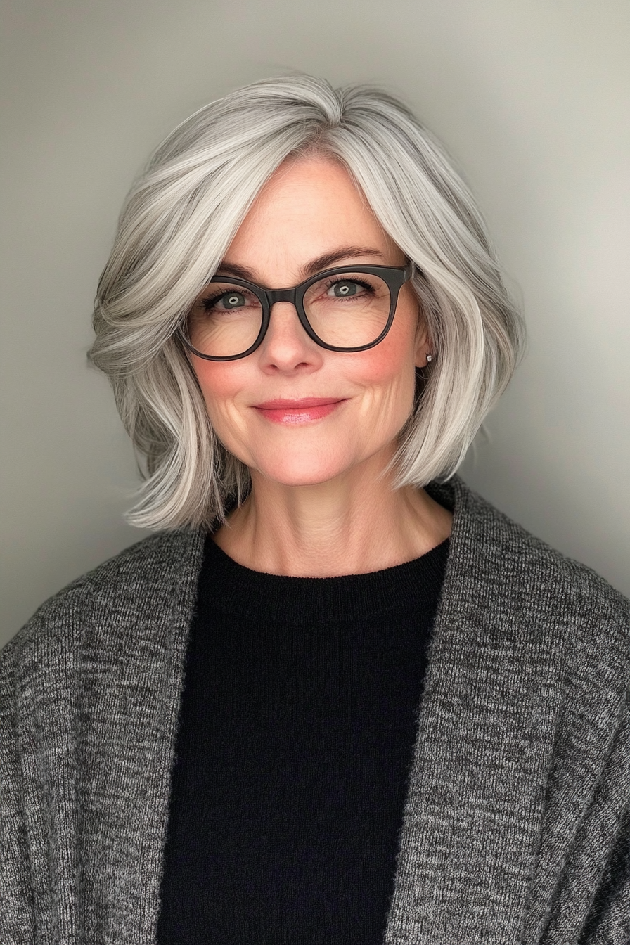 20. Short Layered Bob in Soft Gray (Hairstyles For Women Over 60 With Glasses) - Hairstyles For Women Over 60 With Glasses