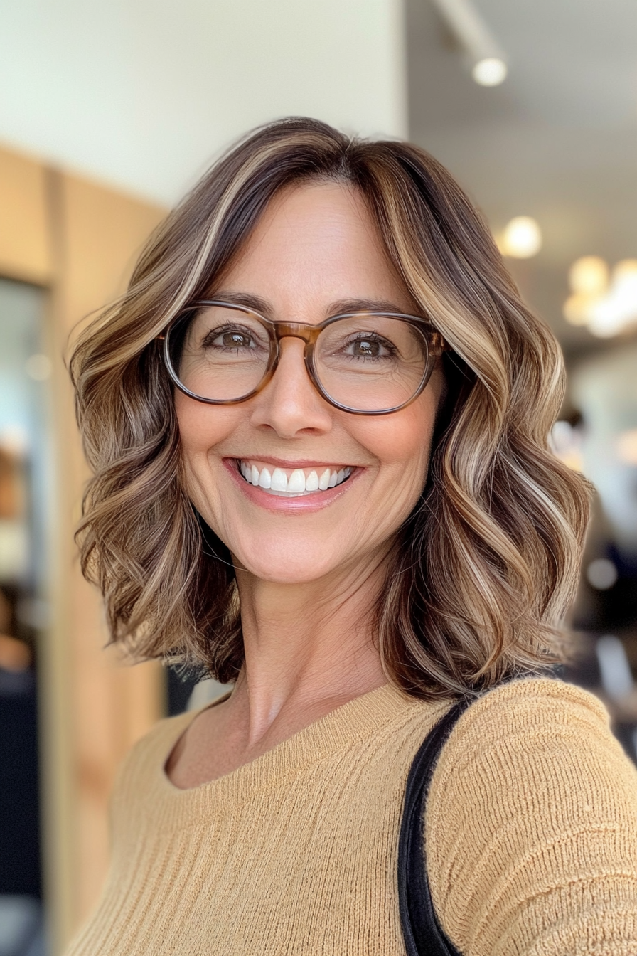 21. Shoulder-Length Waves in Natural Brunette (Hairstyles For Women Over 60 With Glasses) - Hairstyles For Women Over 60 With Glasses