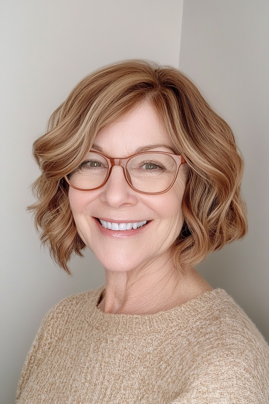 23. Wavy Bob in Warm Honey Brown (Hairstyles For Women Over 60 With Glasses) - Hairstyles For Women Over 60 With Glasses