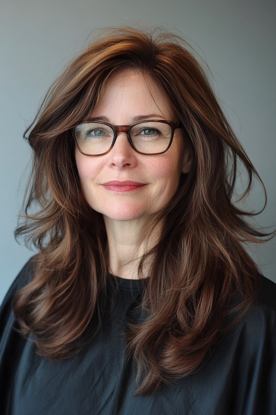 24. Long Layered Cut in Deep Mahogany (Hairstyles For Women Over 60 With Glasses) - Hairstyles For Women Over 60 With Glasses