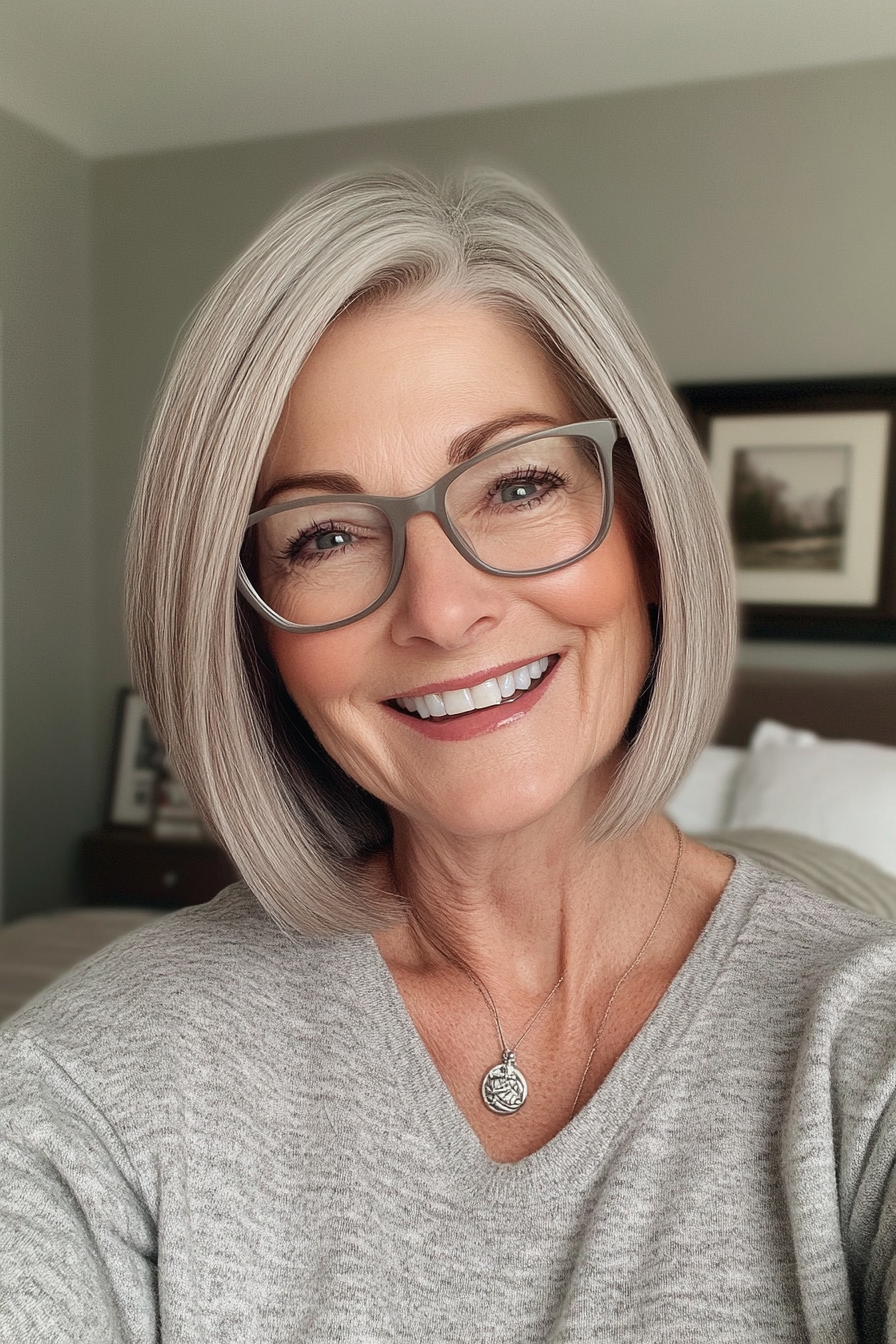 25. Blunt Cut Bob in Sandy Gray (Hairstyles For Women Over 60 With Glasses) - Hairstyles For Women Over 60 With Glasses