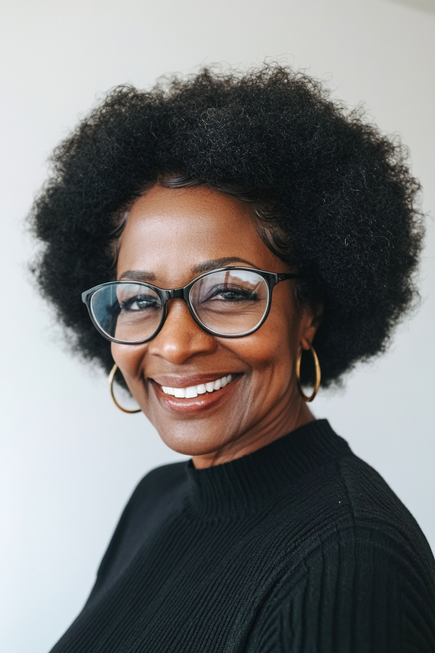 27. Natural Afro in Ebony Black (Hairstyles For Women Over 60 With Glasses) - Hairstyles For Women Over 60 With Glasses