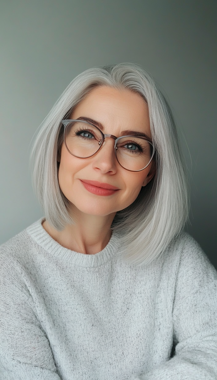 1. Chin-Length Bob with Silver Tones (Hairstyles For Women Over 50 With Glasses) - Hairstyles For Women Over 50 With Glasses