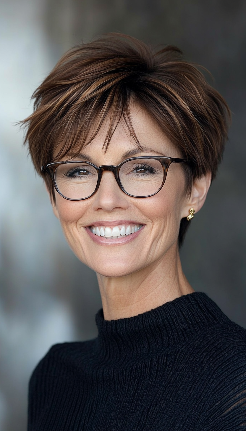 2. Layered Pixie in Dark Chocolate Brown (Hairstyles For Women Over 50 With Glasses) - Hairstyles For Women Over 50 With Glasses