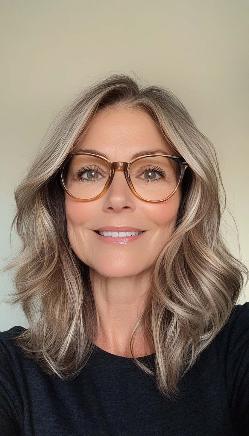 3. Wavy Lob with Honey Highlights (Hairstyles For Women Over 50 With Glasses) - Hairstyles For Women Over 50 With Glasses