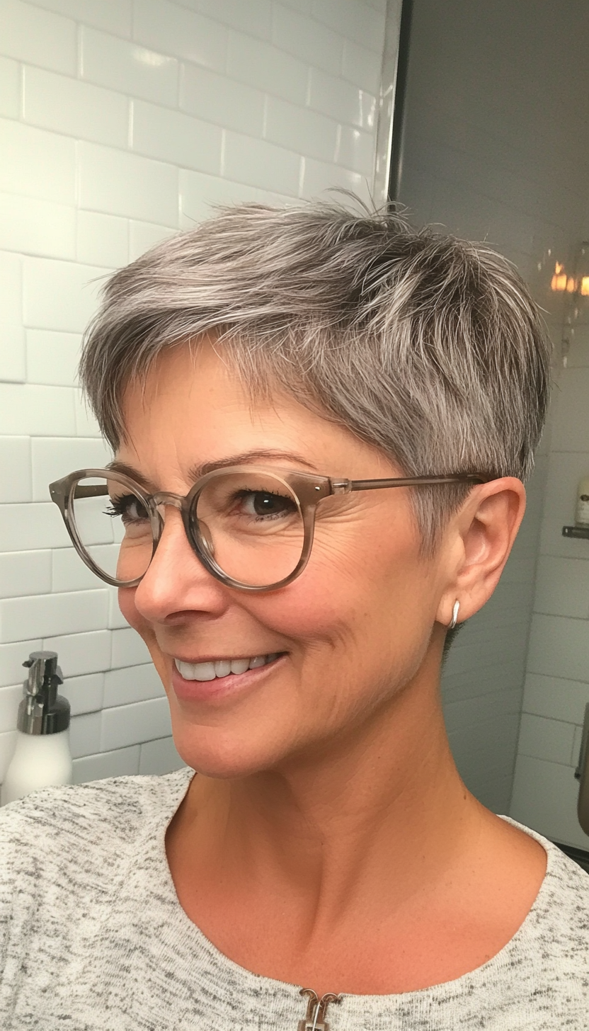 5. Short Crop with Salt-and-Pepper Blending (Hairstyles For Women Over 50 With Glasses) - Hairstyles For Women Over 50 With Glasses