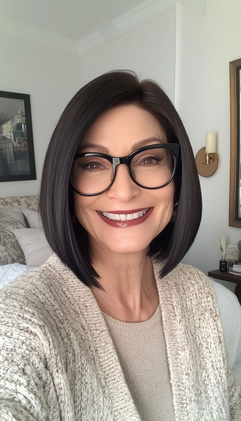 6. Straight Bob with Jet Black Gloss (Hairstyles For Women Over 50 With Glasses) - Hairstyles For Women Over 50 With Glasses