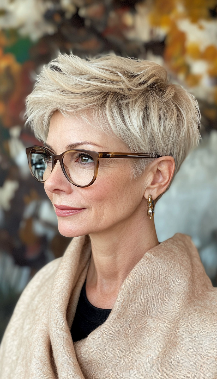 9. Textured Pixie in Sandy Blonde (Hairstyles For Women Over 50 With Glasses) - Hairstyles For Women Over 50 With Glasses