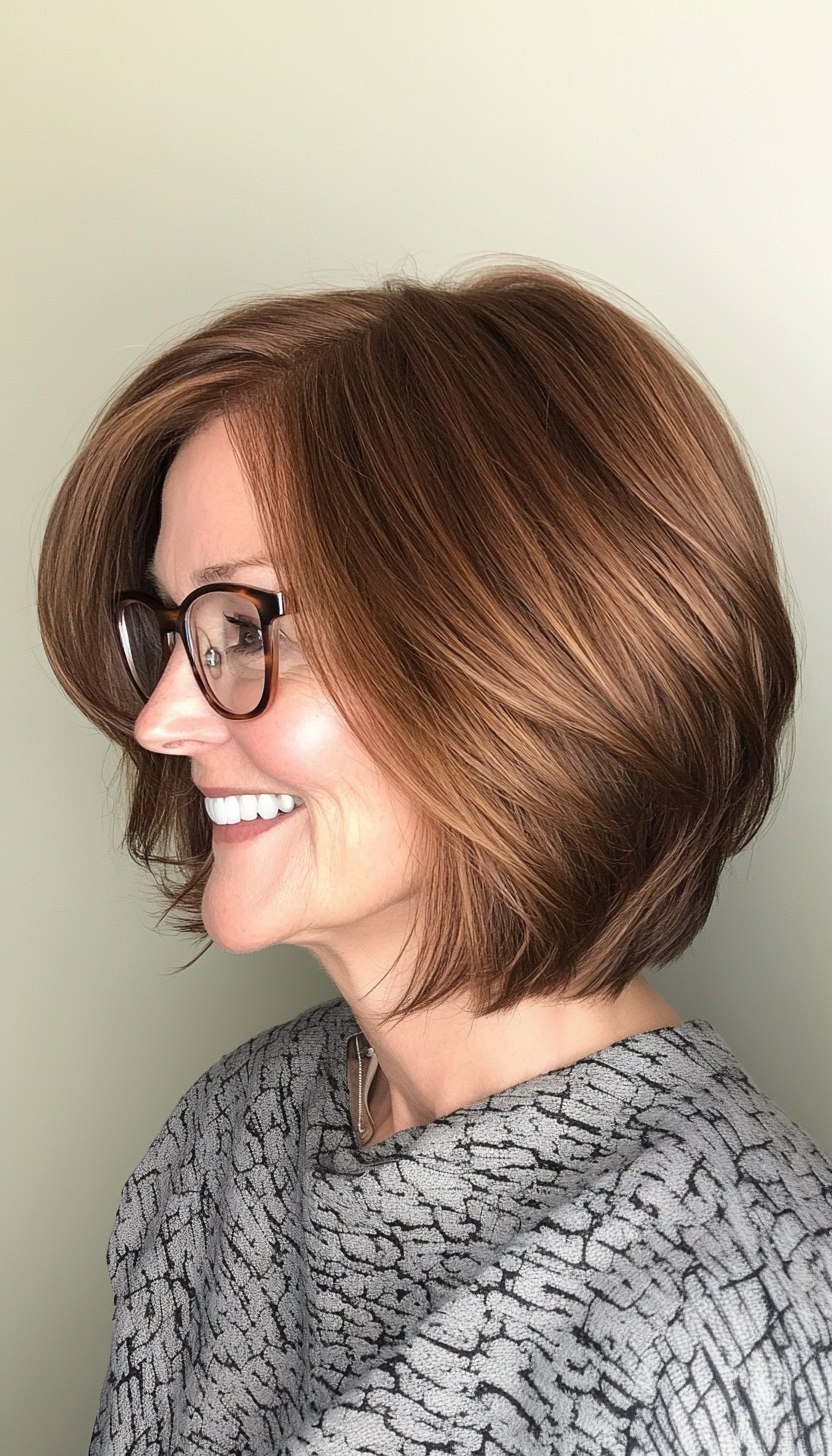 10. Asymmetrical Bob with Warm Chestnut (Hairstyles For Women Over 50 With Glasses) - Hairstyles For Women Over 50 With Glasses