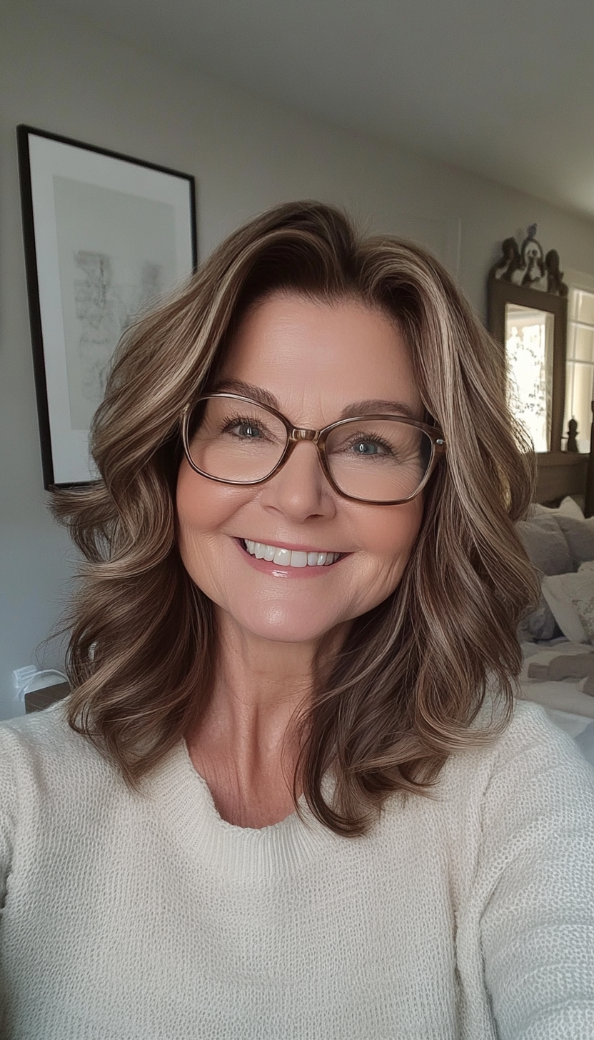 11. Shoulder-Length Shag in Light Mocha (Hairstyles For Women Over 50 With Glasses) - Hairstyles For Women Over 50 With Glasses