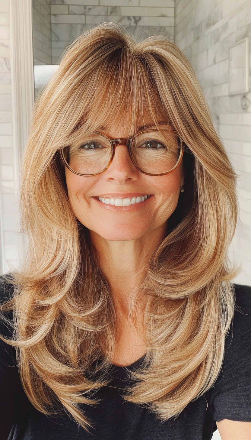 13. Wispy Bangs with Golden Brown Layers (Hairstyles For Women Over 50 With Glasses) - Hairstyles For Women Over 50 With Glasses