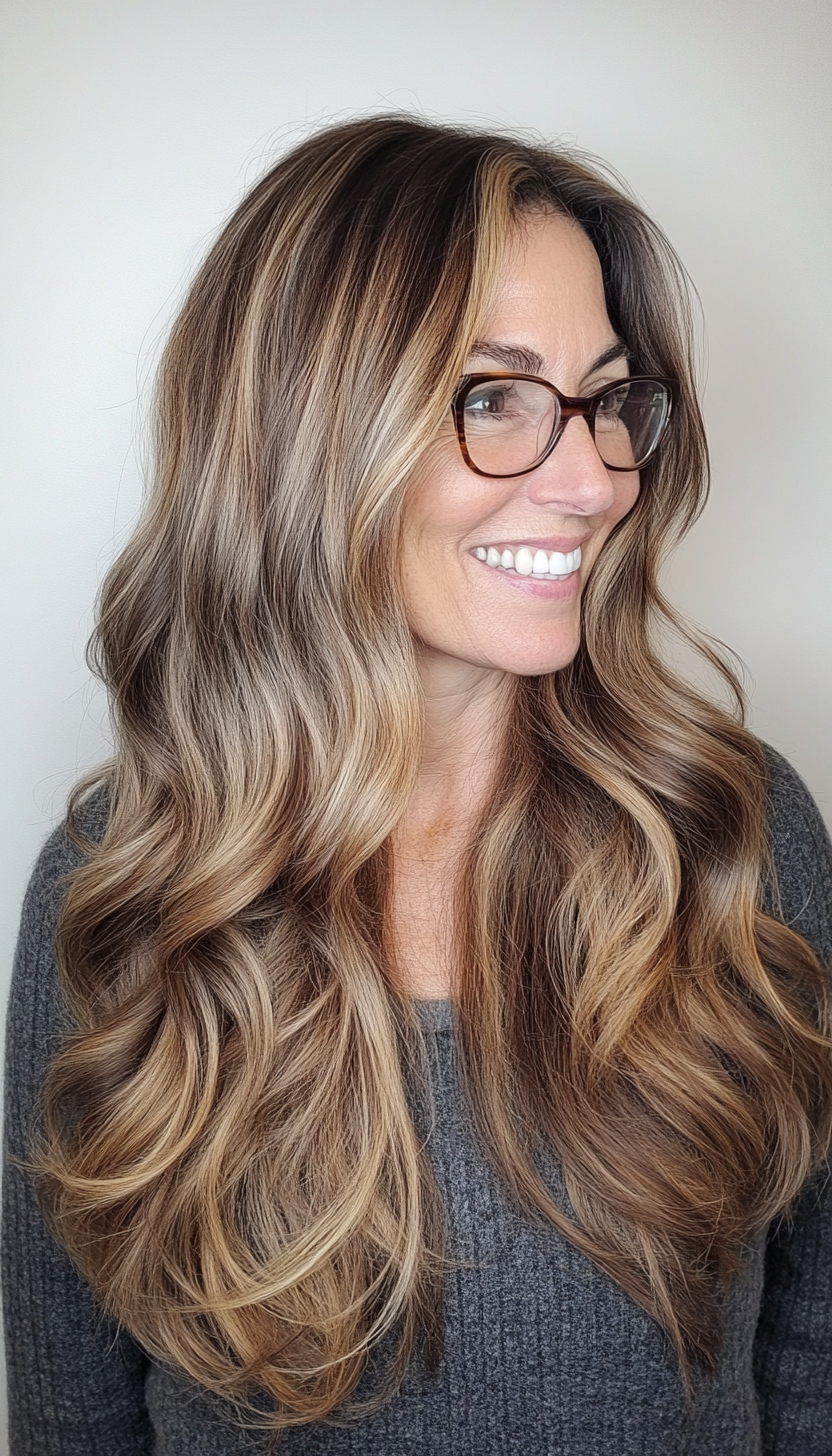 18. Long Waves with Subtle Ash Brown Balayage (Hairstyles For Women Over 50 With Glasses) - Hairstyles For Women Over 50 With Glasses