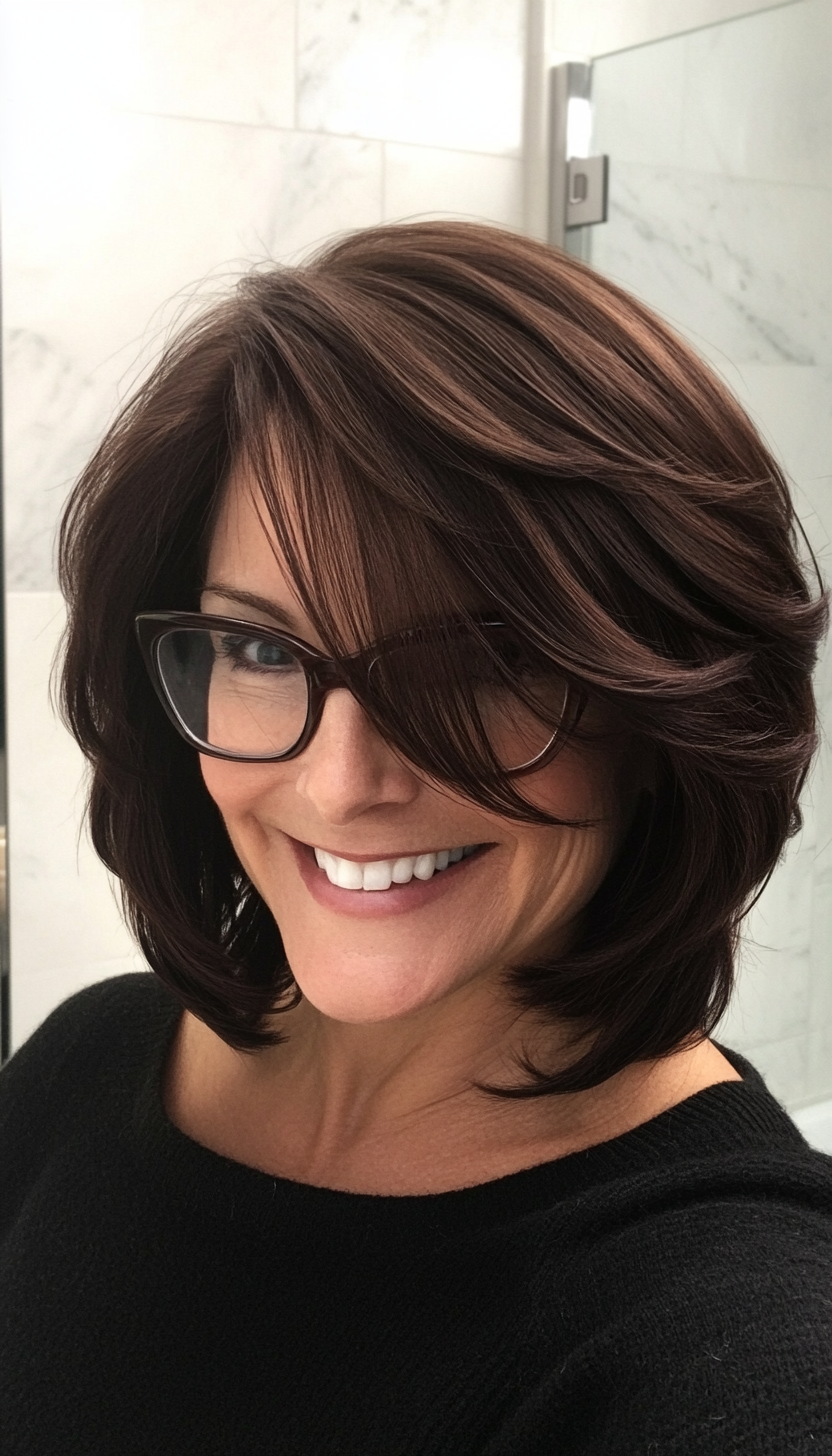 20. Layered Lob in Dark Mahogany (Hairstyles For Women Over 50 With Glasses) - Hairstyles For Women Over 50 With Glasses