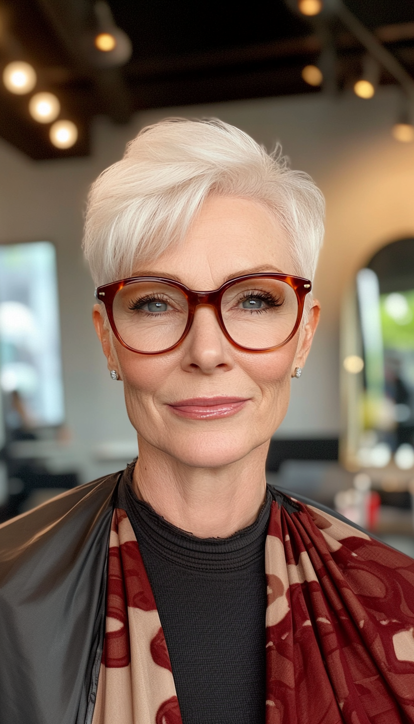 21. Short Tapered Cut in Platinum Blonde (Hairstyles For Women Over 50 With Glasses) - Hairstyles For Women Over 50 With Glasses