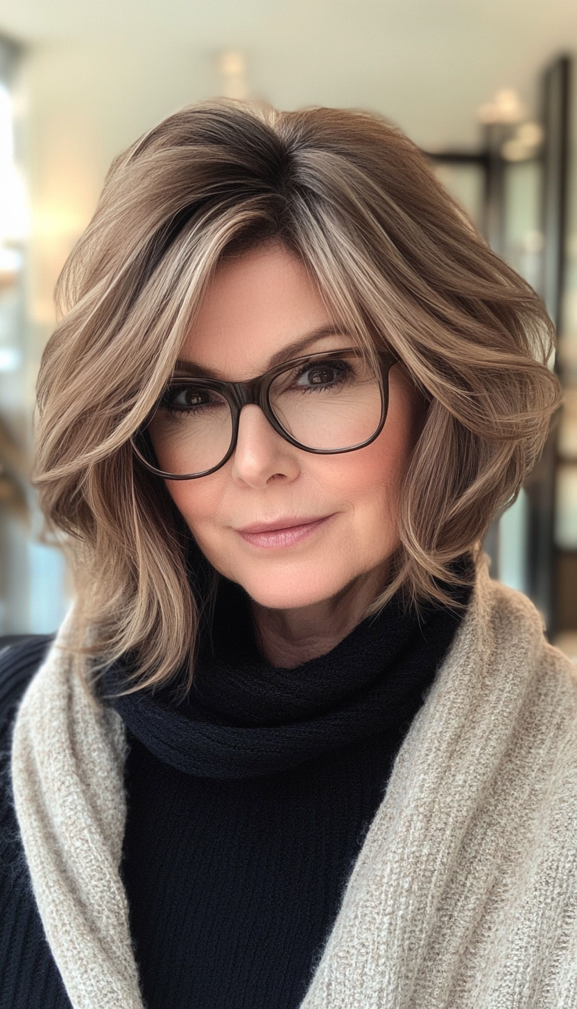 22. Messy Bob in Sandy Brown (Hairstyles For Women Over 50 With Glasses) - Hairstyles For Women Over 50 With Glasses