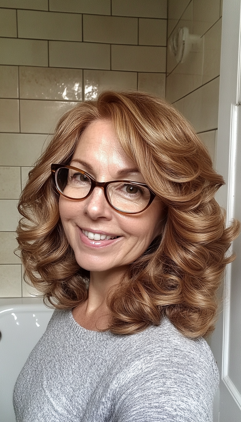 23. Soft Curls in Caramel Brown (Hairstyles For Women Over 50 With Glasses) - Hairstyles For Women Over 50 With Glasses