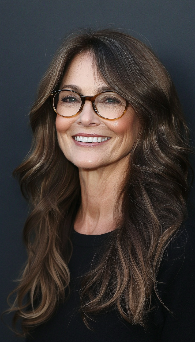25. Loose Waves in Natural Brunette (Hairstyles For Women Over 50 With Glasses) - Hairstyles For Women Over 50 With Glasses