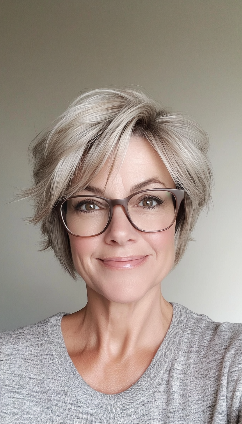 26. Short Shag in Light Ash Blonde (Hairstyles For Women Over 50 With Glasses) - Hairstyles For Women Over 50 With Glasses