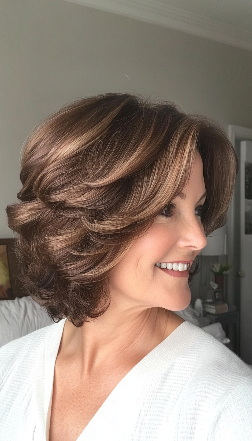 1. Classic Layered Bob in Warm Brunette (Curly Bob Hairstyles For Over 50) - Curly Bob Hairstyles For Over 50