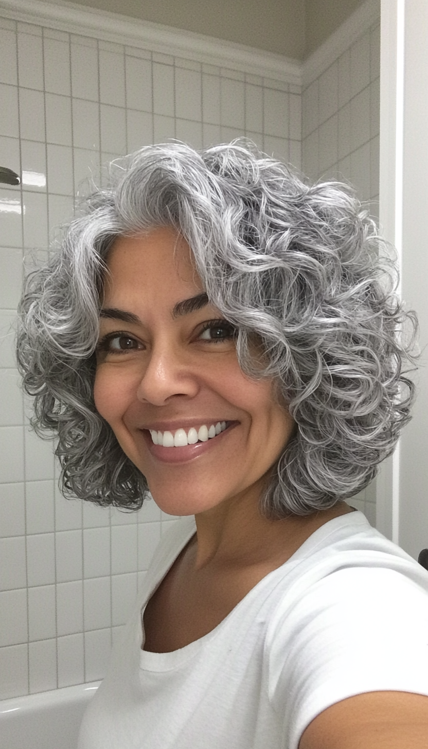 6. Voluminous Bob in Silver Gray (Curly Bob Hairstyles For Over 50) - Curly Bob Hairstyles For Over 50