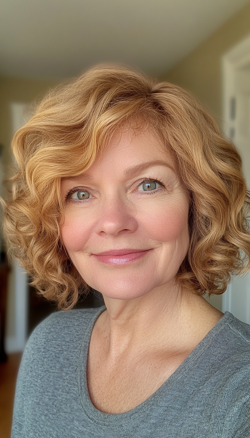7. Side-Parted Bob in Golden Brown (Curly Bob Hairstyles For Over 50) - Curly Bob Hairstyles For Over 50