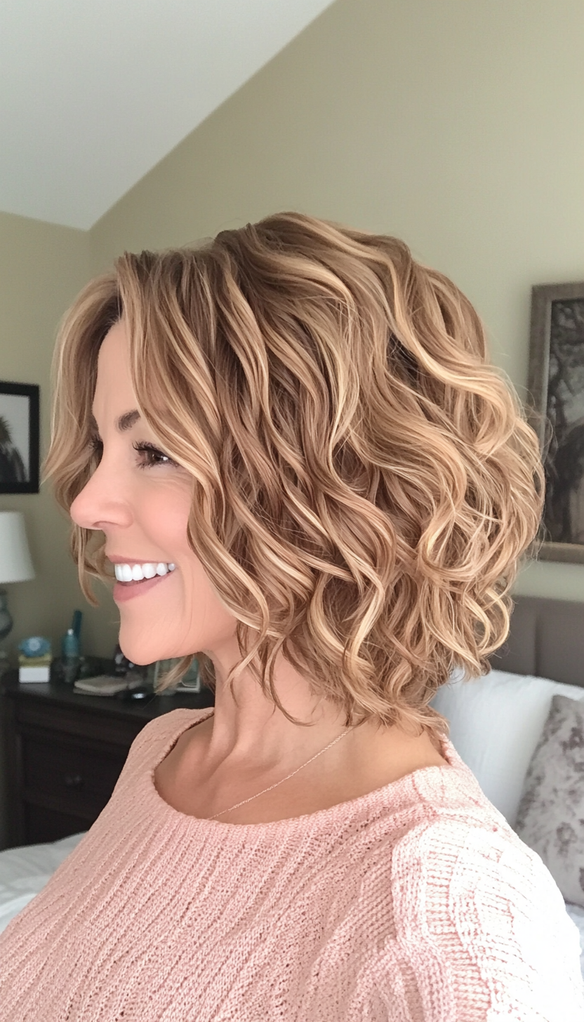 8. Asymmetrical Curly Bob in Honey Blonde (Curly Bob Hairstyles For Over 50) - Curly Bob Hairstyles For Over 50