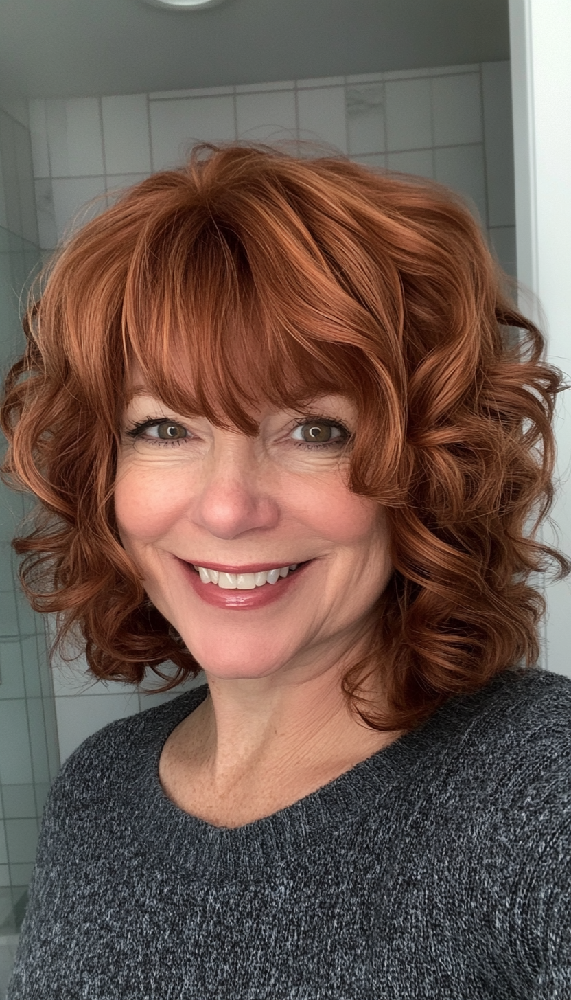 11. Fringed Curly Bob in Dark Auburn (Curly Bob Hairstyles For Over 50) - Curly Bob Hairstyles For Over 50