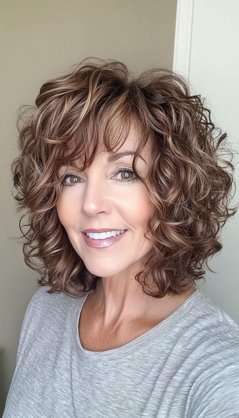 12. Angled Curly Bob in Medium Brown (Curly Bob Hairstyles For Over 50) - Curly Bob Hairstyles For Over 50