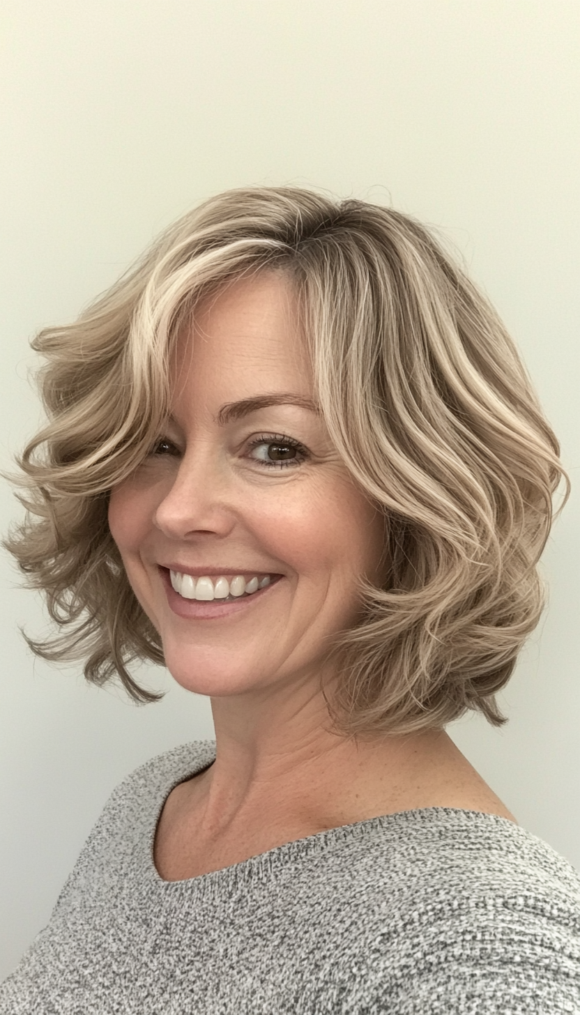 13. Soft Bob with Layers in Sandy Blonde (Curly Bob Hairstyles For Over 50) - Curly Bob Hairstyles For Over 50