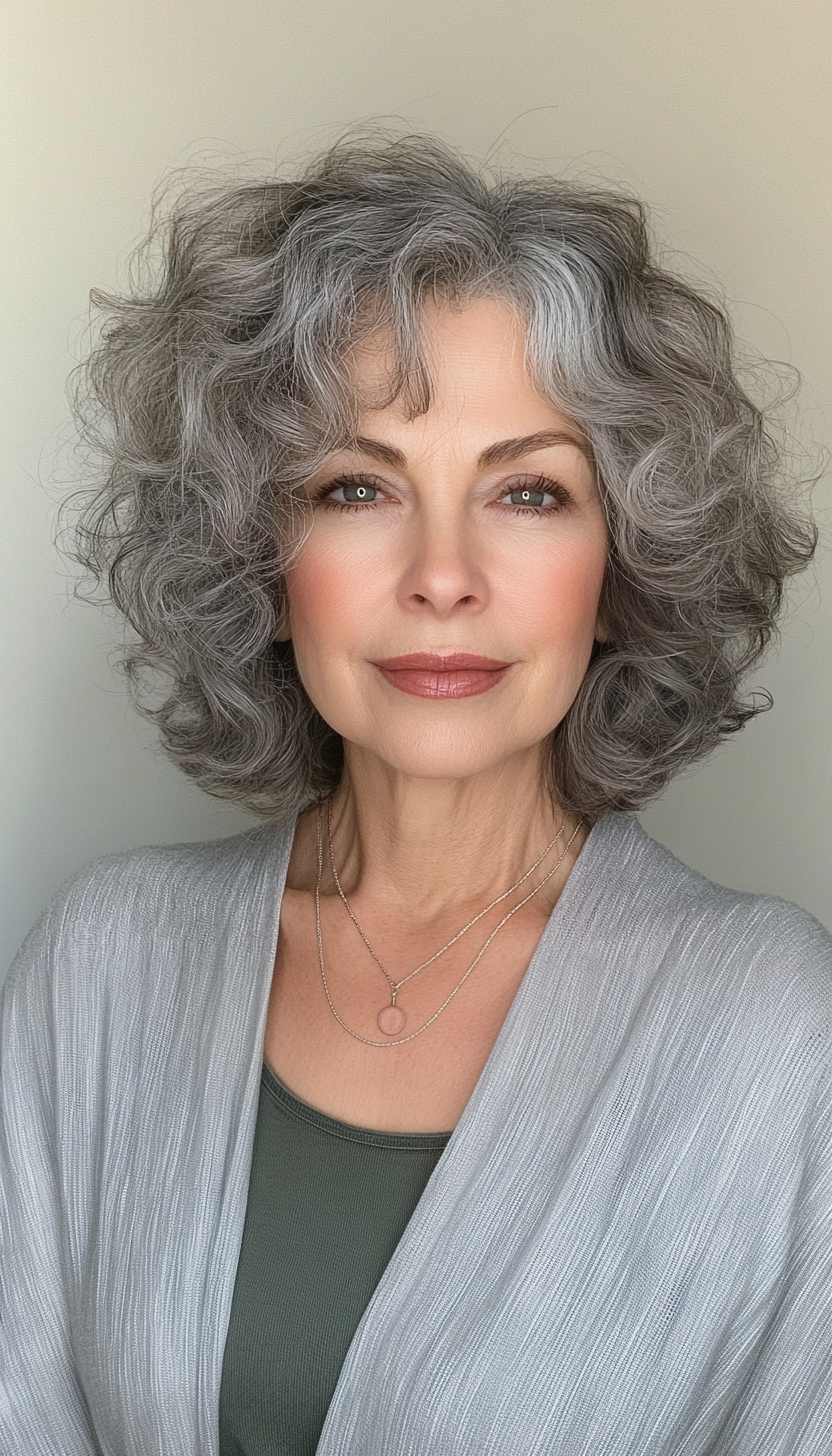 14. Neck-Length Bob in Warm Gray (Curly Bob Hairstyles For Over 50) - Curly Bob Hairstyles For Over 50