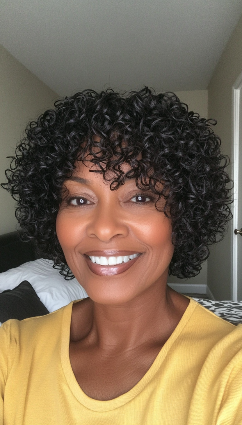 15. Pixie-Inspired Curly Bob in Natural Black (Curly Bob Hairstyles For Over 50) - Curly Bob Hairstyles For Over 50