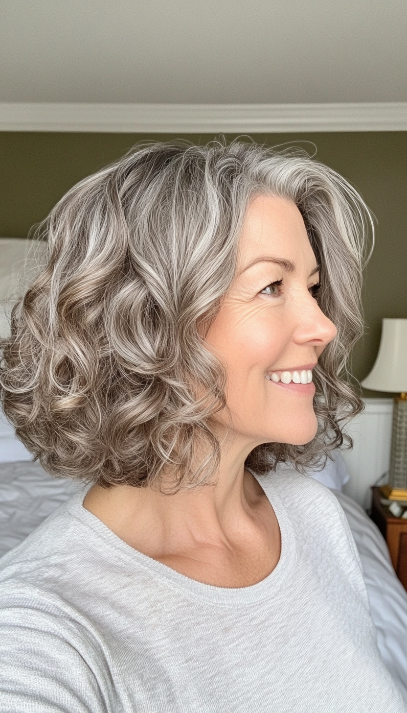 16. Subtle Curly Bob in Ash Gray (Curly Bob Hairstyles For Over 50) - Curly Bob Hairstyles For Over 50
