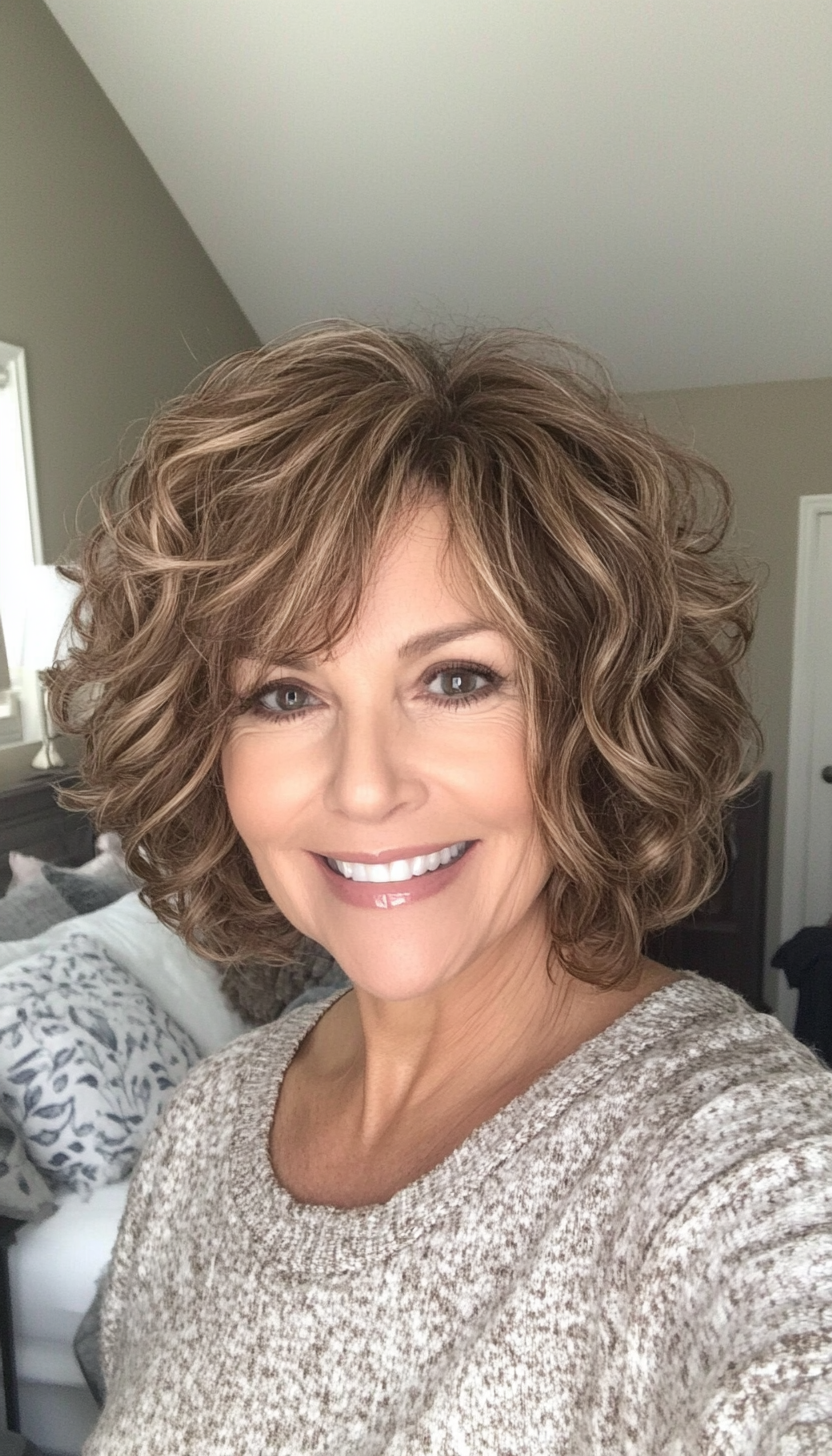 17. Feathered Bob in Light Brown (Curly Bob Hairstyles For Over 50) - Curly Bob Hairstyles For Over 50
