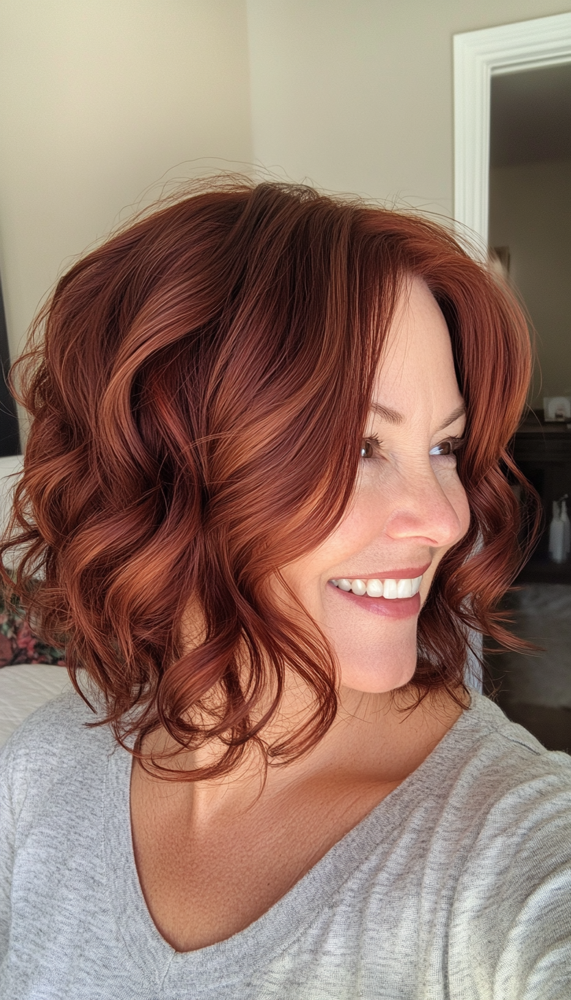 18. Side-Swept Bob in Chestnut Red (Curly Bob Hairstyles For Over 50) - Curly Bob Hairstyles For Over 50