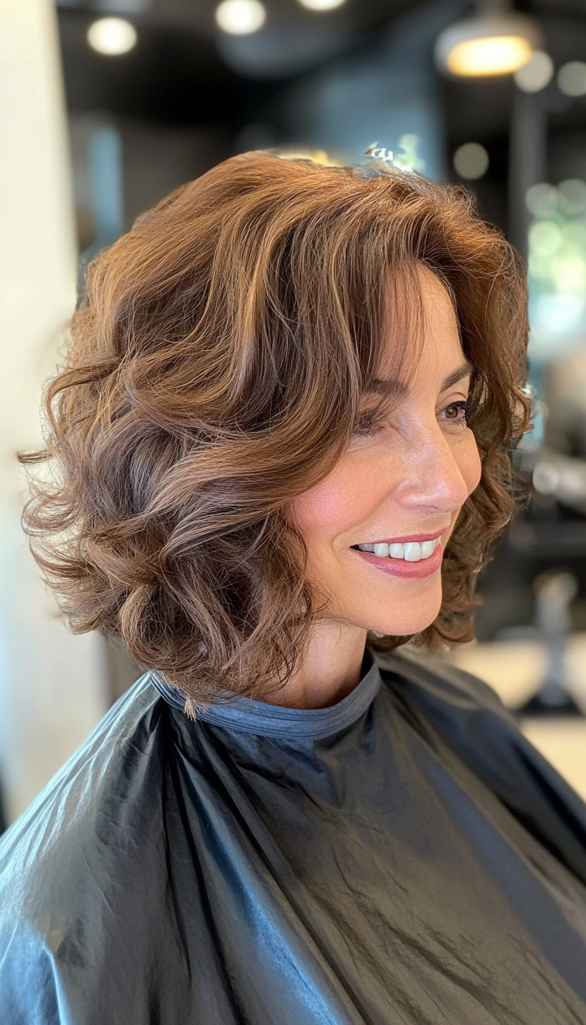 21. Longer Bob in Earthy Brown (Curly Bob Hairstyles For Over 50) - Curly Bob Hairstyles For Over 50