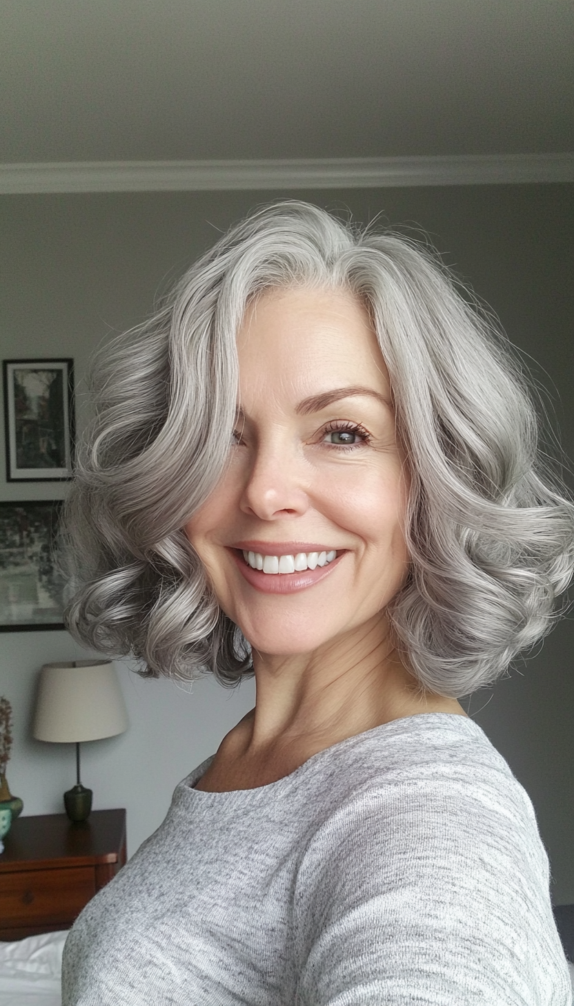 22. Curved Bob in Pearl Gray (Curly Bob Hairstyles For Over 50) - Curly Bob Hairstyles For Over 50