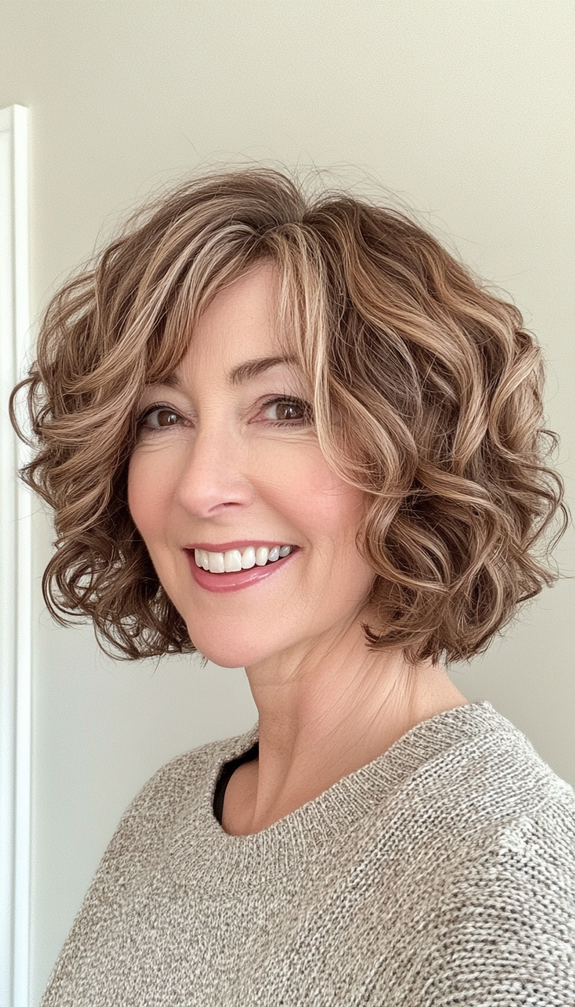 23. Layered Bob in Sandy Brown (Curly Bob Hairstyles For Over 50) - Curly Bob Hairstyles For Over 50