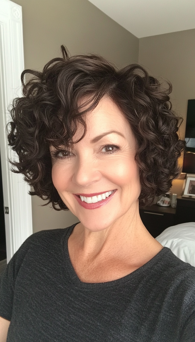 24. Undercut Curly Bob in Dark Brown (Curly Bob Hairstyles For Over 50) - Curly Bob Hairstyles For Over 50