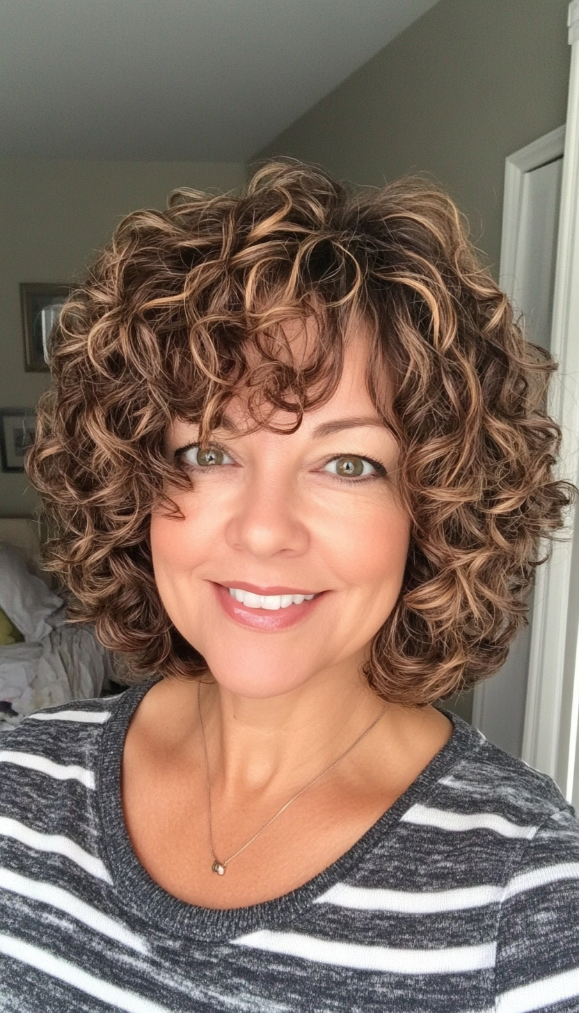 27. Curly Bob with Highlights in Natural Brunette (Curly Bob Hairstyles For Over 50) - Curly Bob Hairstyles For Over 50